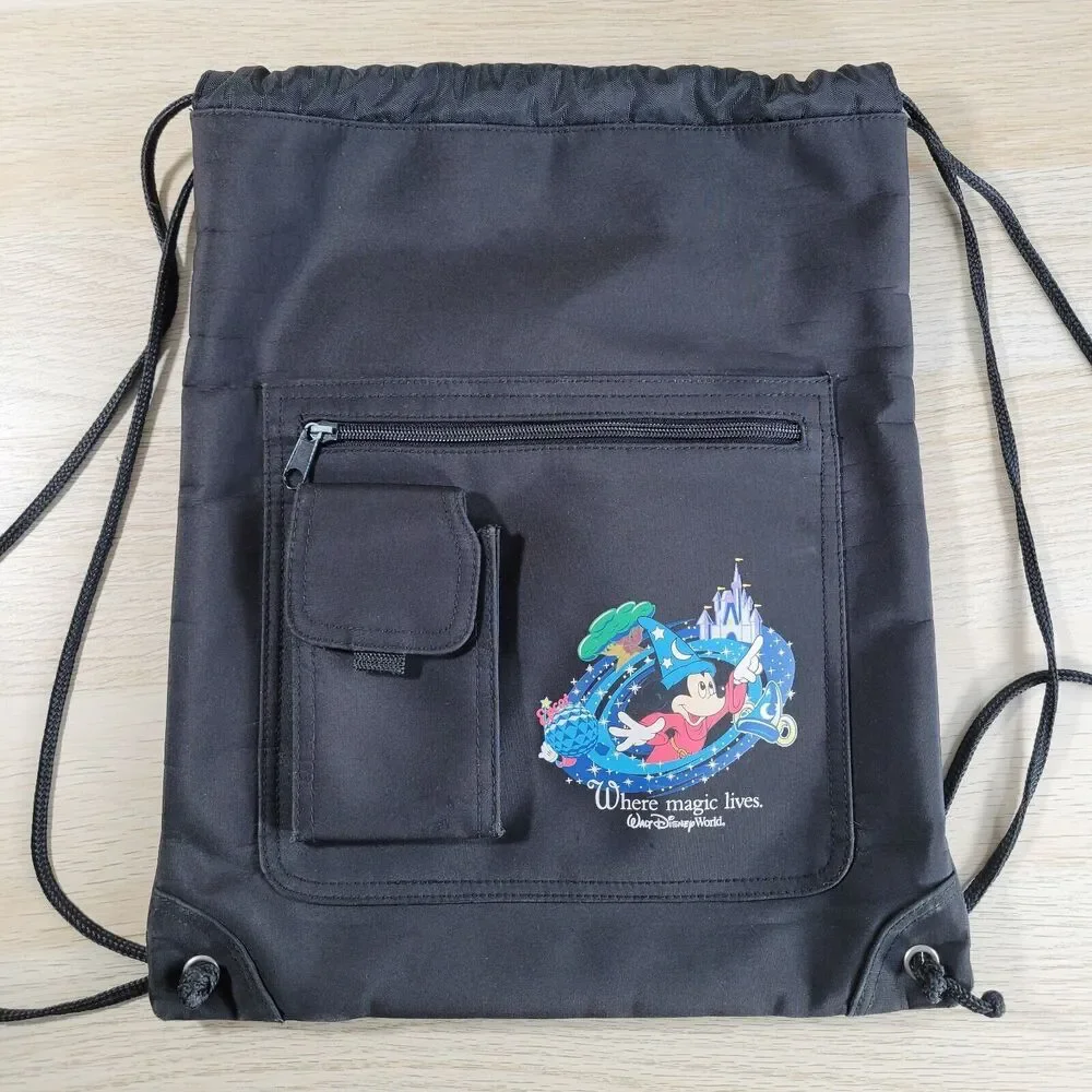 Walt Disney World Vintage Where Magic Lives Drawstring Black Backpack Cinch Bag